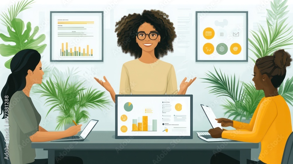 Poster three women are sitting at a table with laptops and a projector