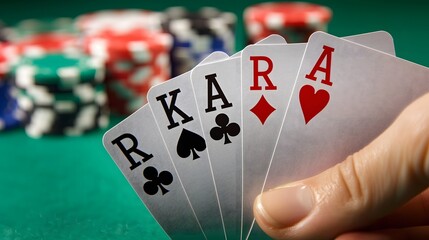 Royal Flush Hand: A close-up shot of a royal flush in poker, with the cards held fan-like in a player's hand. 
