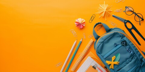Back to school concept. Backpack with school supplies. Top view. Copy space