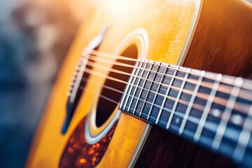 Naklejka premium An acoustic guitar body and strings shown in close-up outdoors, emanating warmth and the joy of music and creativity.