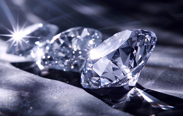 large shiny white diamonds on a black background, backlit with light rays and soft shadows
