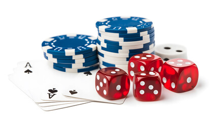 Concept of Playing Cards, Dice, and Chips for Online Poker and Roulette, Casino Gaming and Gambling
