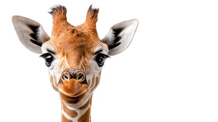 A close-up portrait of a cute giraffe with big, expressive eyes shows its gentle, curious nature.