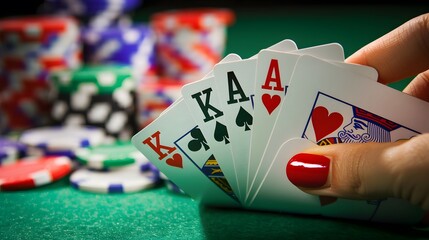 Royal Flush Hand: A close-up shot of a royal flush in poker, with the cards held fan-like in a player's hand. 
