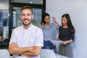 Businessmans crew working with new startup project in modern Office. Group of diverse businesspeople working together around a meeting table in an office