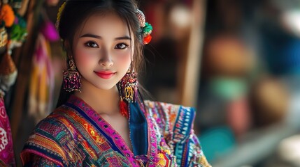 Fototapeta premium A beautiful Thai woman in a colorful dress.