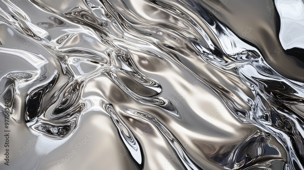Poster smooth waves of liquid metal cascading over a reflective surface, creating abstract reflections.