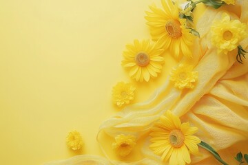 Arrangement of vibrant yellow flowers on a textured surface with matching yellow fabric, exuding warmth and cheerfulness.