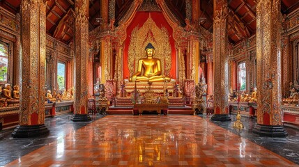 Fototapeta premium A beautiful Thai temple with a golden Buddha.