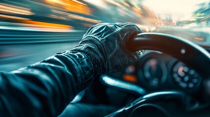 Focused Race Driver: Determination in the Eyes, Hands Firm on Steering Wheel in High-Speed Action