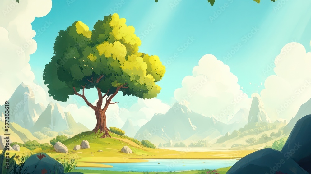 Poster A tree is standing in a field with mountains in the background