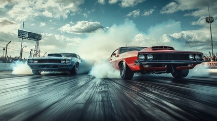 High-Speed Showdown: Two Powerful Cars in a Thrilling Drag Race Launching with Smoke and Speed for a Dramatic Scene