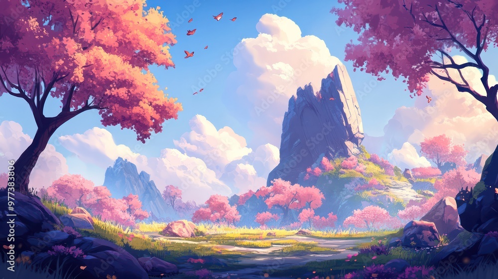 Poster A beautiful landscape with a mountain in the background and a path leading to it