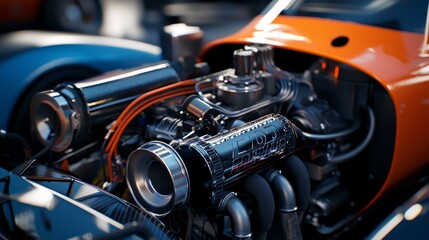 Fototapeta premium Precision Power: Close-up of High-Performance Race Car Engine Bay Revealing Intricate Components