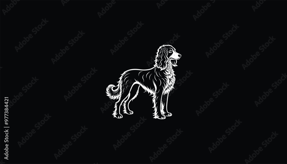 Wall mural irish water spaniel retrieving in lake – white outline, black background