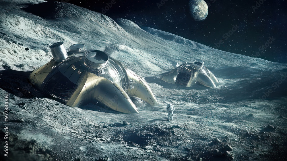 Poster Two spaceships are on a planet with a moon in the background
