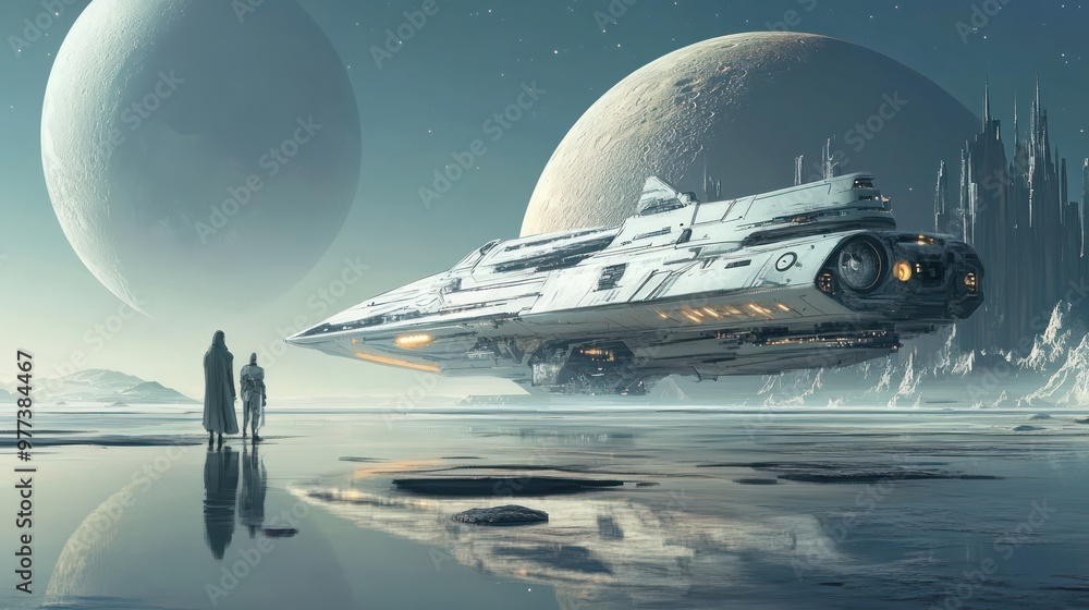 Poster a spaceship is flying over a planet with two people standing on the ground