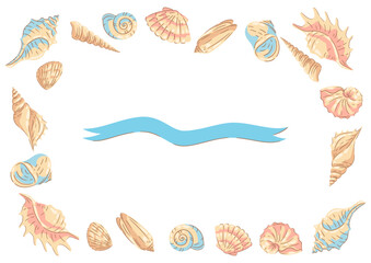 Frame with seashells. Tropical underwater mollusk shells illustration.