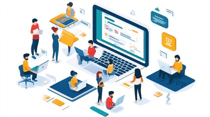 A group of people are working on a laptop computer