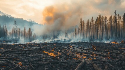 A charred landscape after a forest fire, with smoke still rising