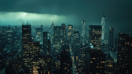 Obraz premium A cityscape at night, with a thunderstorm brewing in the distance.
