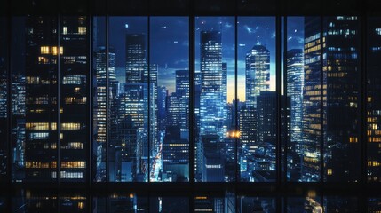 A cityscape at night, with the lights of the buildings reflecting in the windows.