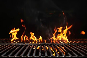 Barbecue Grill With Fire Flames - Empty Fire Grid On Black Background