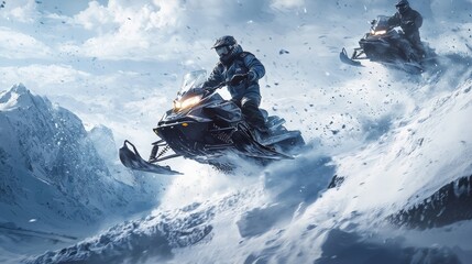 Thrilling Snowmobile Racing Adventure Through Snowy Landscape with Jumps