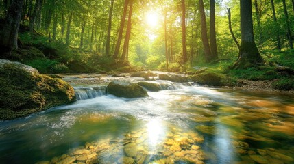 A crystal-clear stream flowing through a sunlit forest.