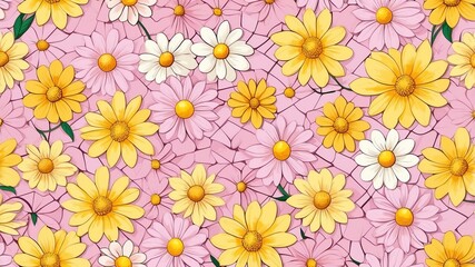 base xl pretty yellow theme flowers on light pink background, egg mosaic style