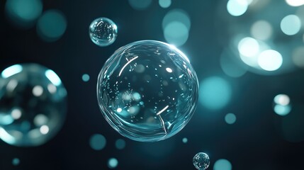 Transparent 3D spheres filled with glowing liquid, hovering in a soft, dark environment.