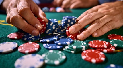 Fototapeta premium Rolling Chips in Hand: Hands rolling poker chips between fingers, a common habit at the table. 