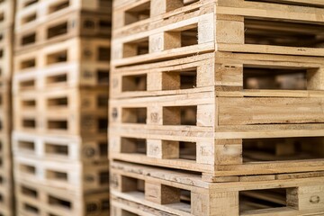 A close-up view of wooden pallets stacked neatly in a warehouse, showcasing their texture and structure for industrial use.