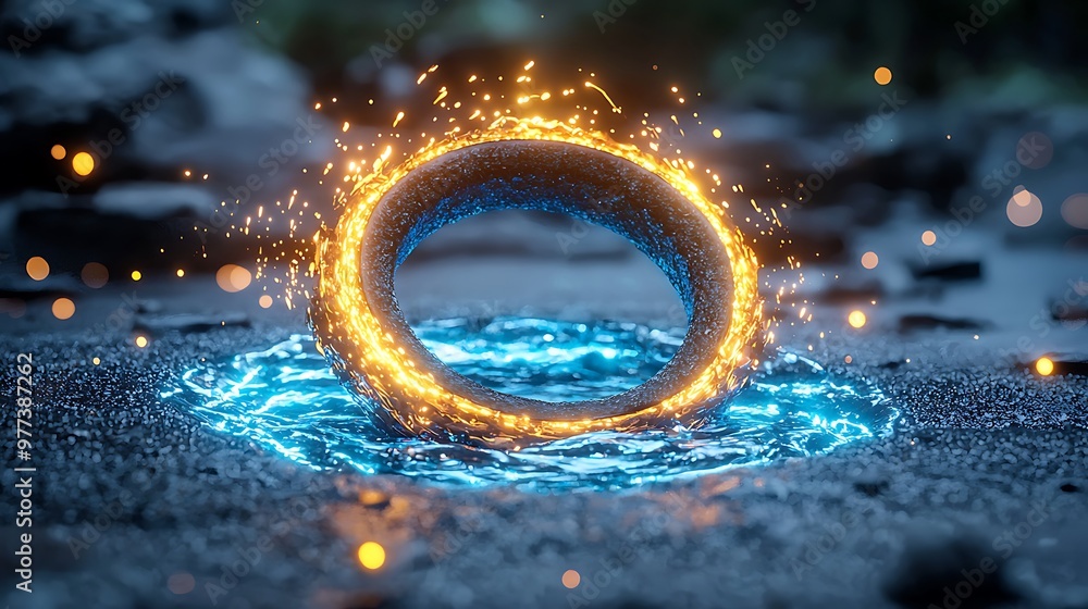 Poster an abstract ring of fire and water swirls on a dark surface, creating a mesmerizing contrast of elem