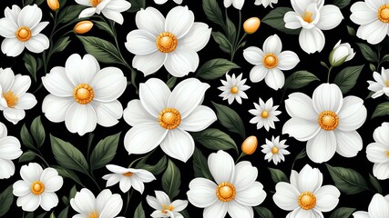 base xl pretty white theme flowers on black background, egg mosaic style