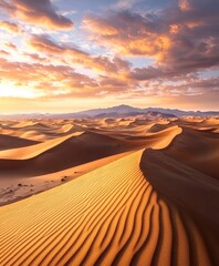 Breathtaking Desert Landscape at Mesmerizing Sunset with Dramatic Sky and Rippling Sand Dunes