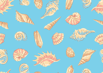 Seamless pattern with seashells. Tropical underwater mollusk shells illustration.