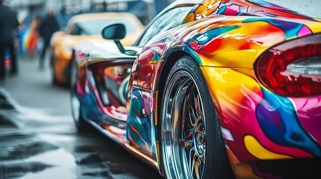 Spectacular Custom Painted Car at Motorsport Event with Vibrant Colors and Intricate Designs - Powered by Adobe