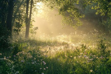 Tranquil forest clearing at sunrise rays of sunlight filtering through the lush green