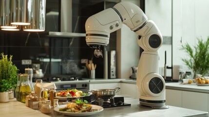 A robot is cooking food in a kitchen