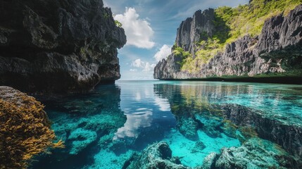 Tranquil Turquoise Lagoon Surrounded by Towering Cliffs and Lush Vegetation