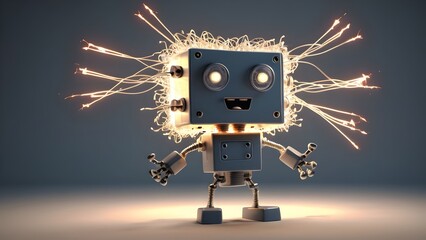 boxy, robotic character with a plug head and wire arms that are constantly short-circuiting. His eyes are glowing light bulbs, and he has a slightly confused but friendly expression, with sparks.