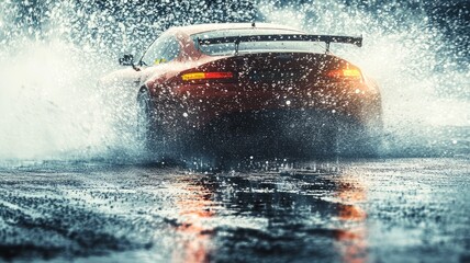 Fototapeta premium Intense Car Spin Out on Wet Track - Driver Regaining Control in Action-Packed Scene