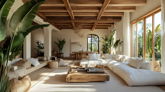 A biophilic-themed living room with soft, neutral tones, large indoor plants, and wooden beams on the ceiling. The design focuses on using natural materials and creating a calm, serene space that mimi