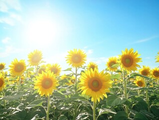 Obraz premium Vibrant Field of Blooming Sunflowers Under Bright Blue Sky