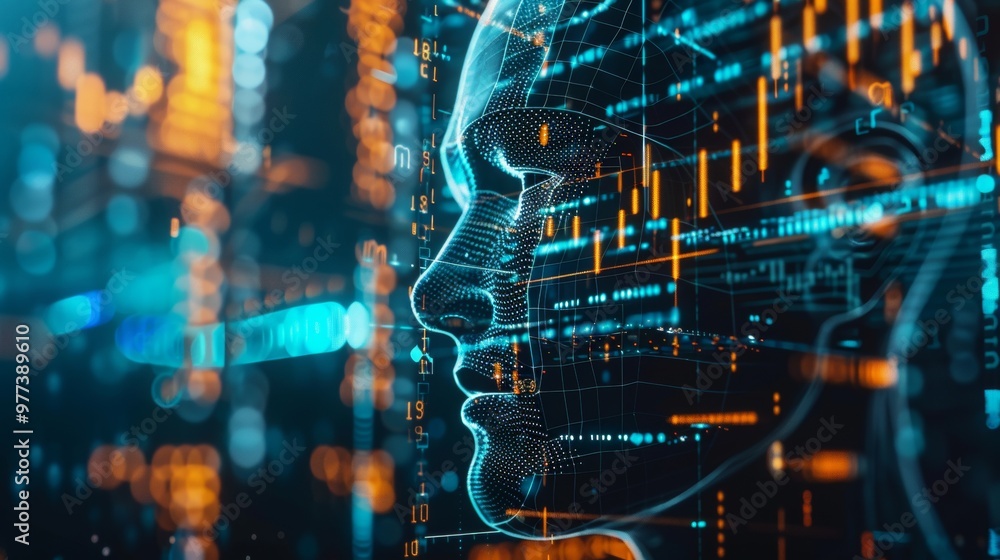 Poster ai in business, fintech. face of artificial intelligence with mind looking at trading charts informa