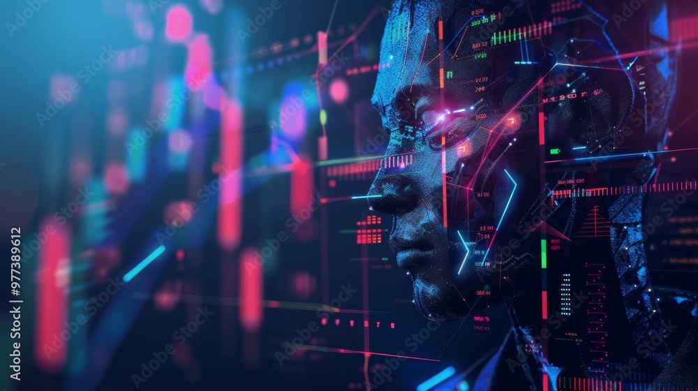 Poster ai in business, fintech. face of artificial intelligence with mind looking at trading charts informa