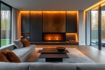Modern minimalist living room featuring a sofa, coffee table, and a sleek black metal fireplace with warm lighting