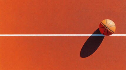 A basketball is positioned on a vibrant red court with white lines and soft shadows