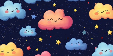 Cute cartoon stars and clouds with smiling faces